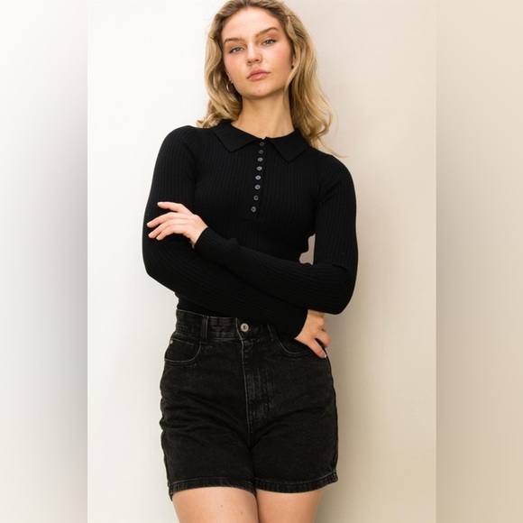 Double Zero Tops - Ribbed Collared Button Front Long Sleeve Top